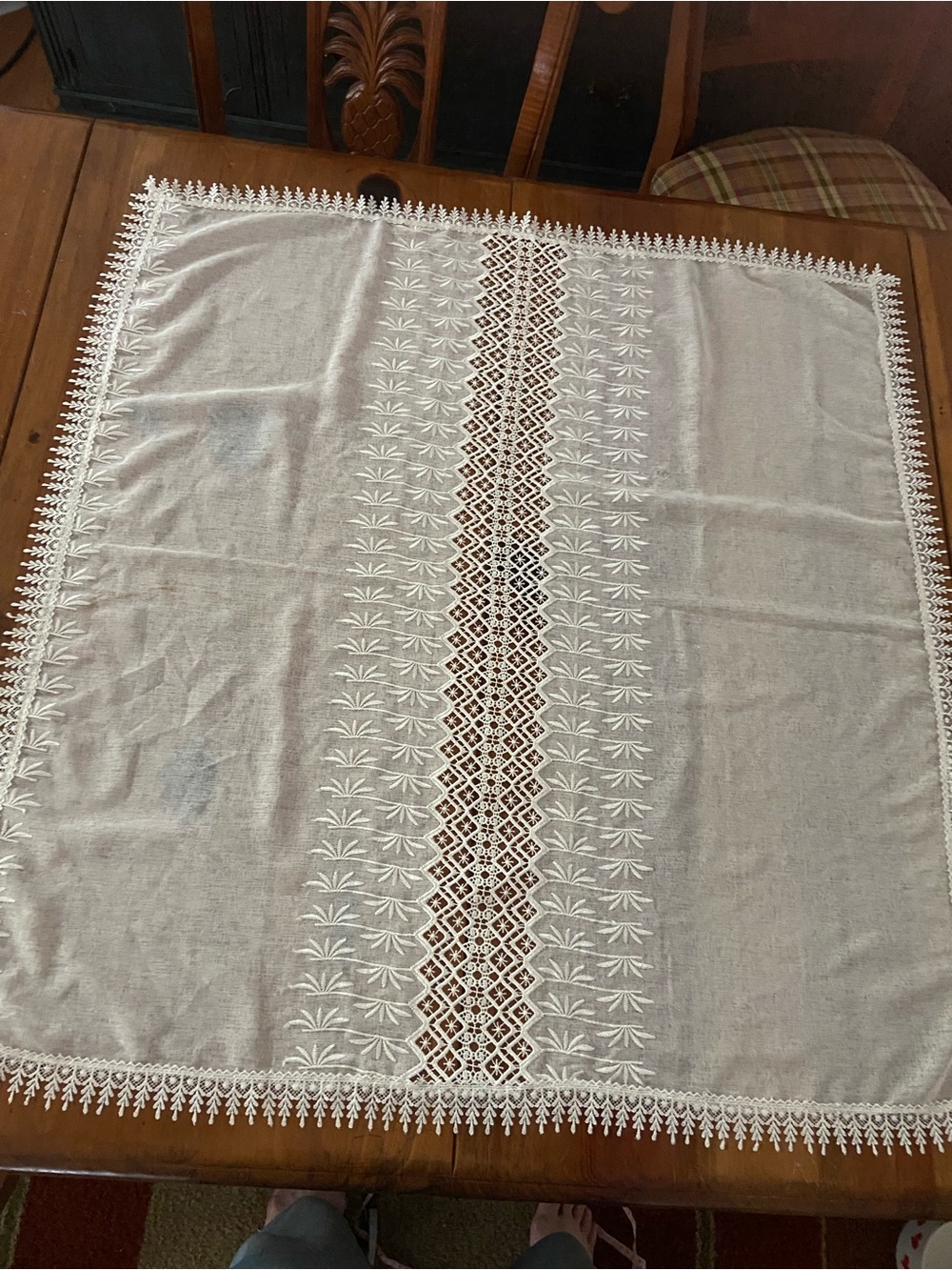 Tarkashi Handmade Embroidered Vintage Tablecloth with Lace Trim Cream